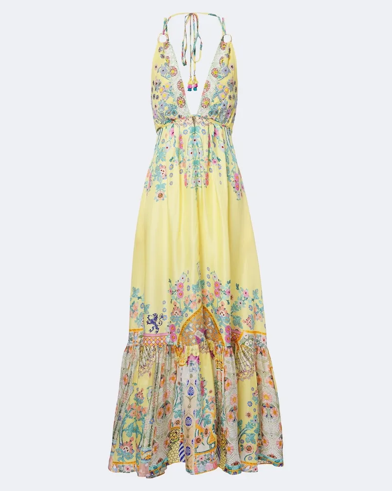 Camilla Abito lungo in seta floreale con paillettes Multicolore