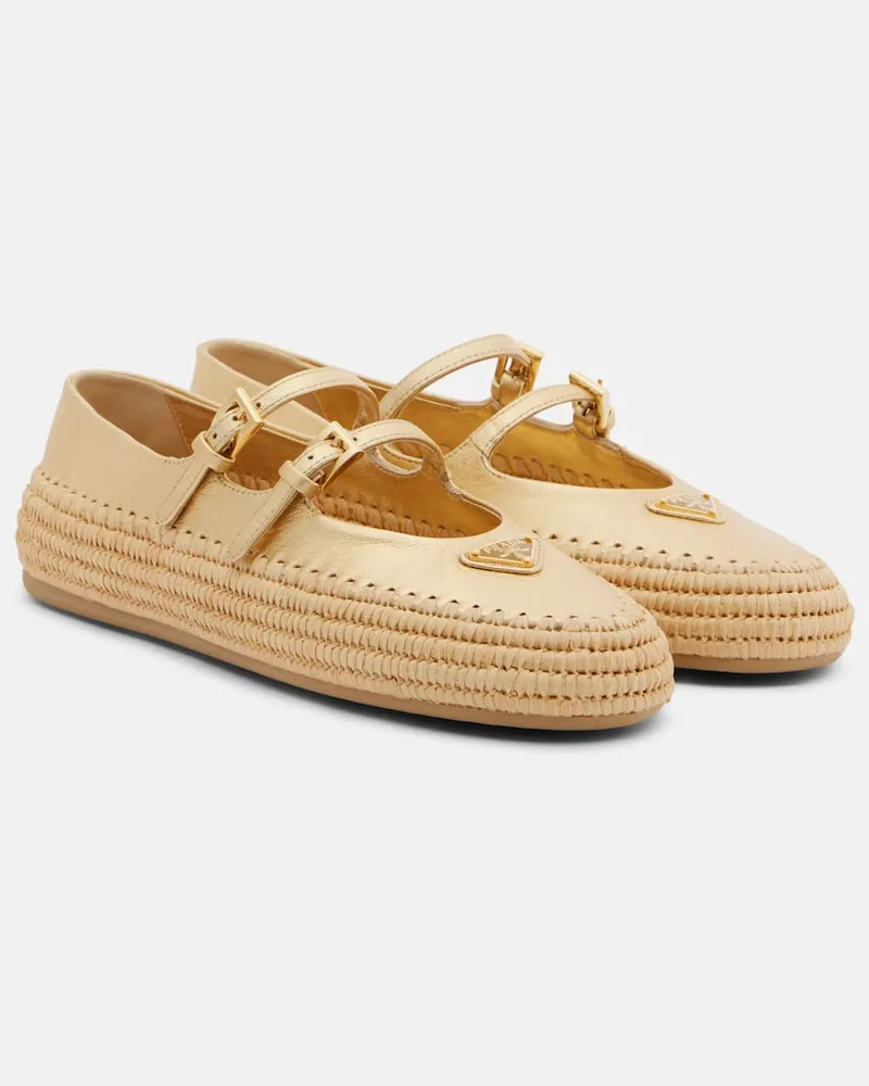 Prada Ballerine in pelle metallizzata e rafia Oro