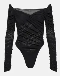 Thierry Mugler Body in mesh con scollo bardot Nero