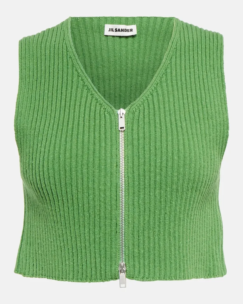 Jil Sander Top cropped in maglia di cotone a coste Verde