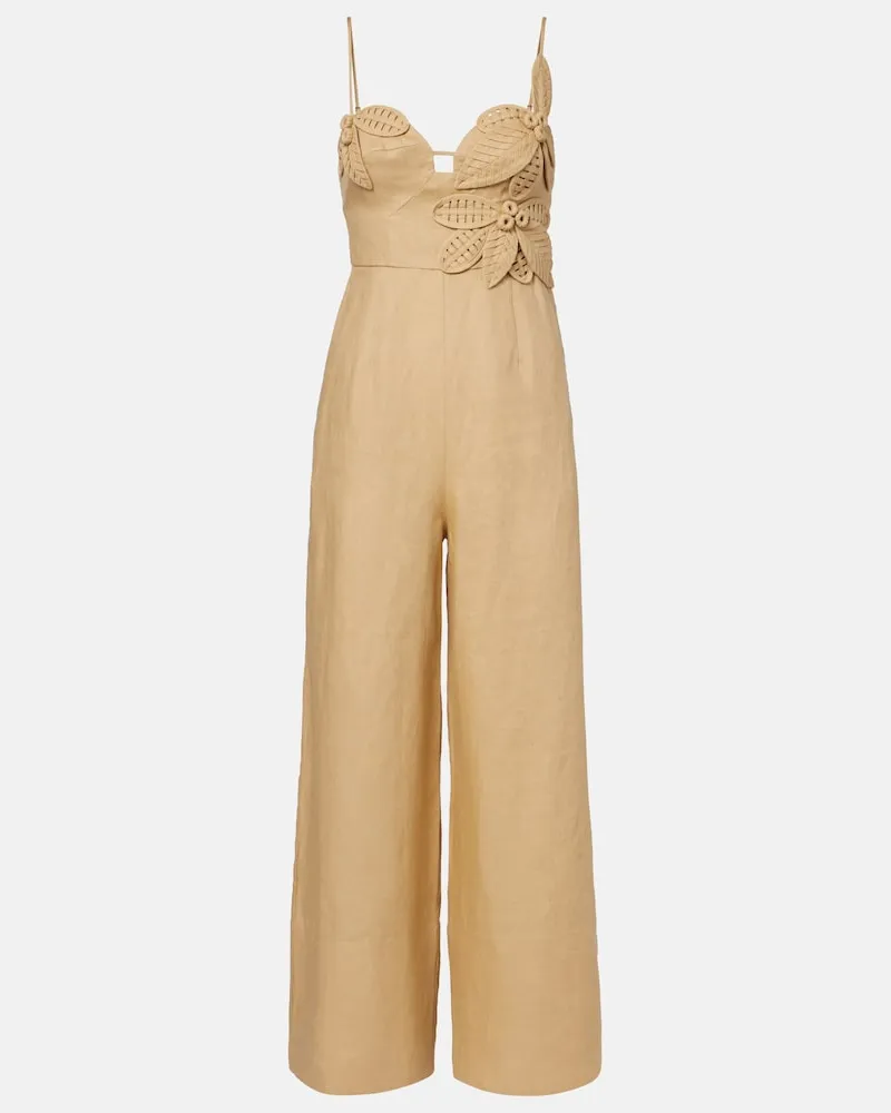FARM Rio Jumpsuit in lino con applicazioni floreali Beige