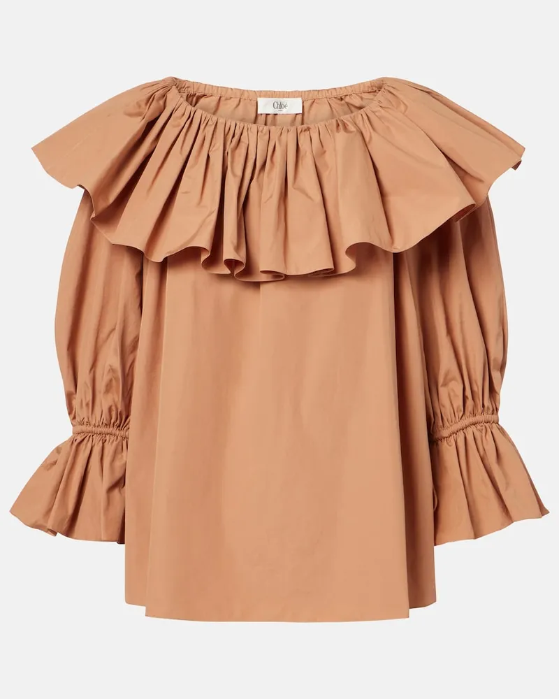 Chloé ChloÃ© Blusa in popeline di cotone con volant Marrone