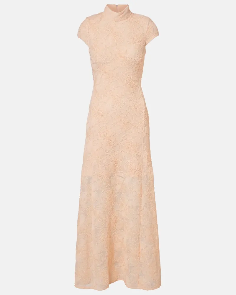 ROTATE Birger Christensen Abito lungo in tulle con ricamo floreale Rosa