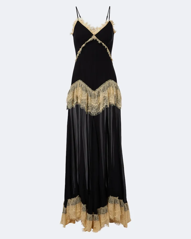 De La Vali Abito lungo Estela in georgette con pizzo Nero
