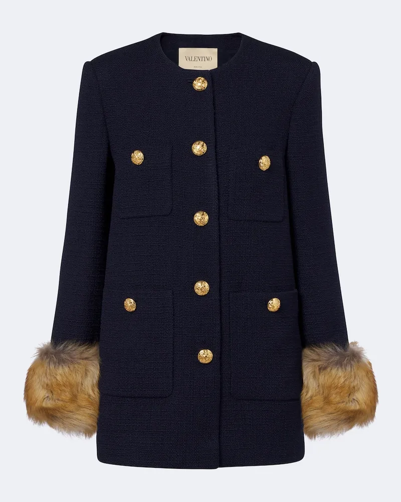 Valentino Garavani Giacca in tweed di misto lana con shearling Blu