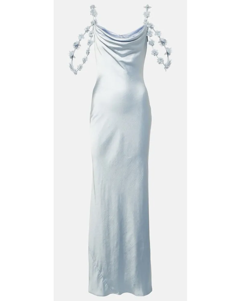 Self-Portrait Bridal - Abito lungo in raso con applicazioni floreali Blu