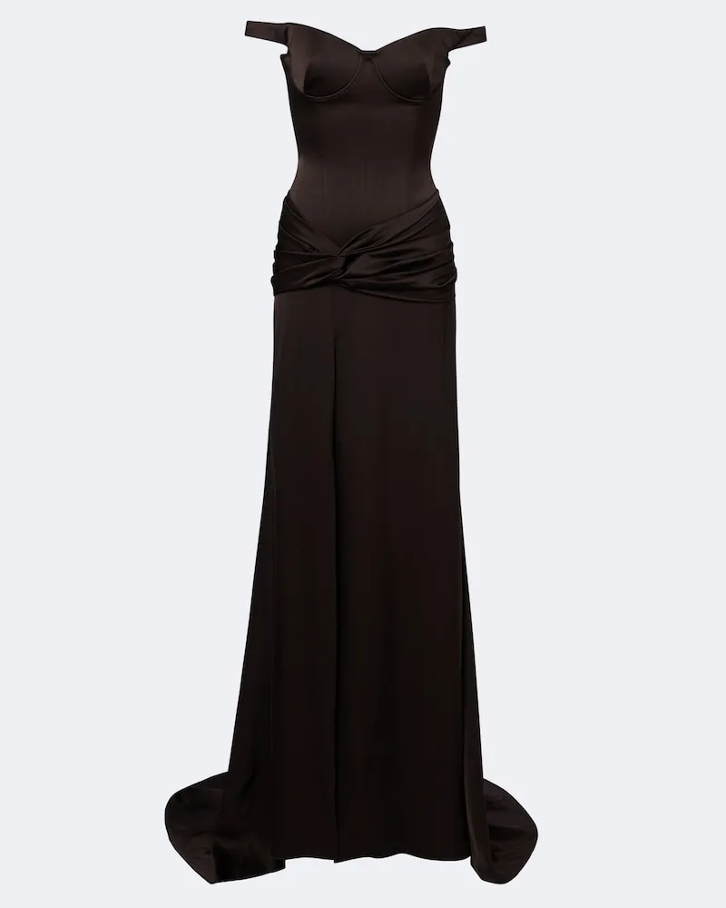 Alex Perry Abito lungo off-shoulder in crêpe di raso Marrone