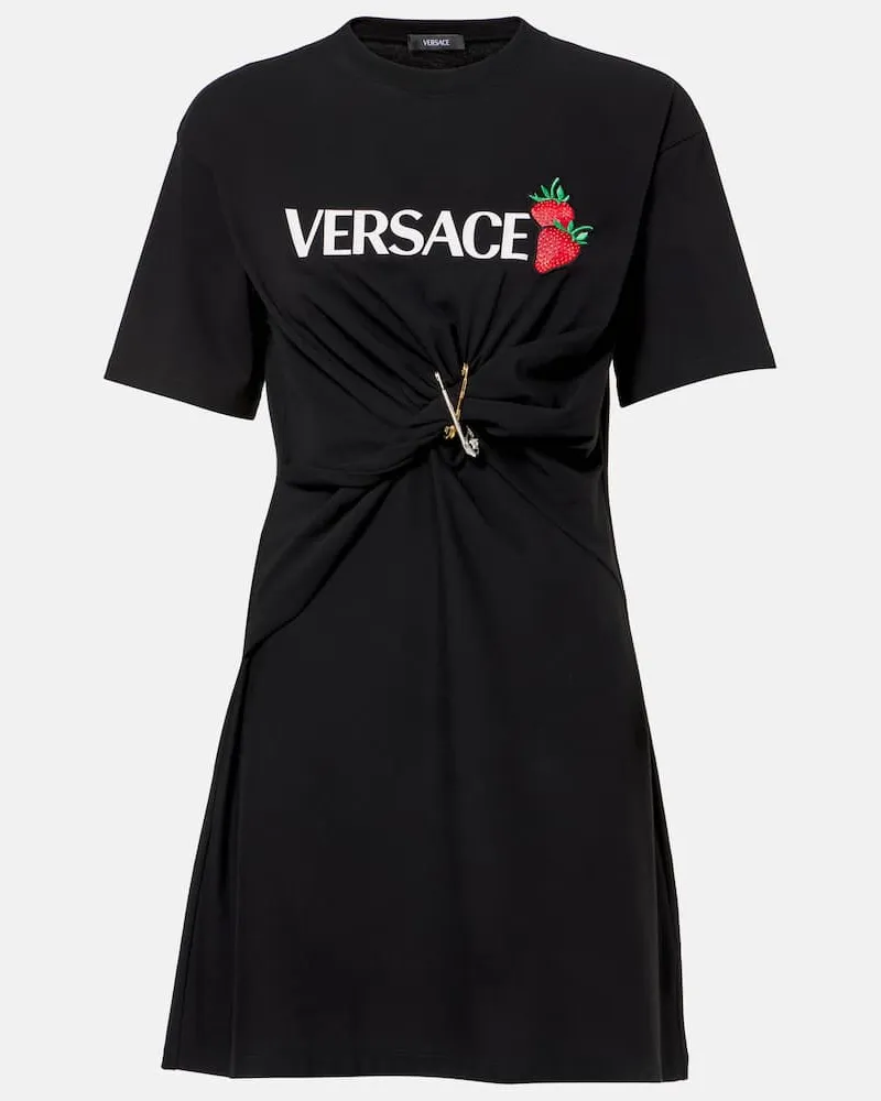 Versace Abito corto in cotone con logo Nero