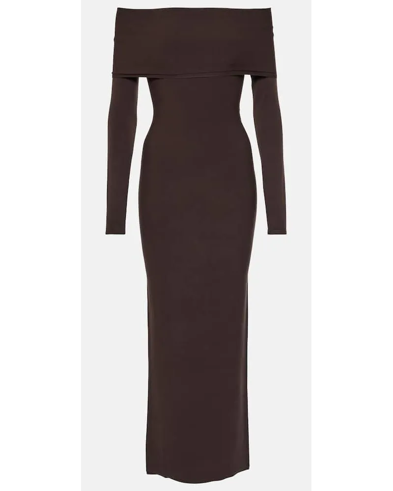 Alaïa Alaïa Abito midi in jersey con scollo bardot Marrone