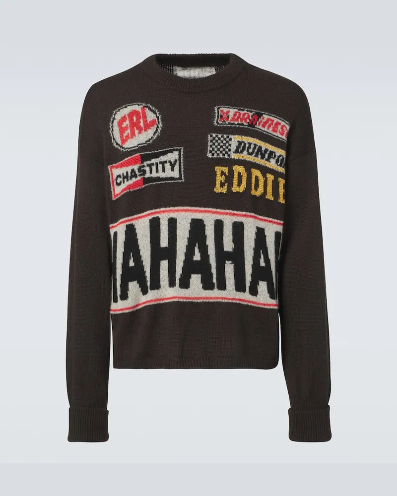 ERL Pullover Hahahah con intarsio Marrone