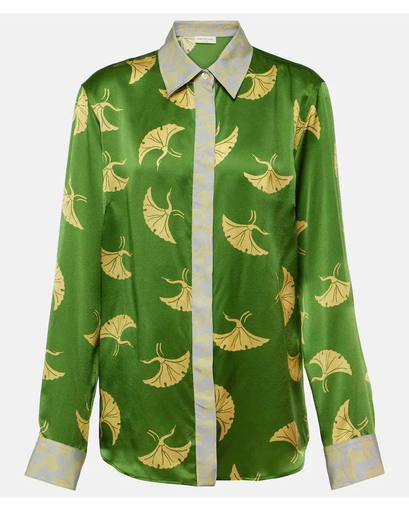 Dries van Noten Camicia in raso di misto seta con stampa Verde