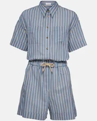 Brunello Cucinelli Jumpsuit corta in seta e cotone a righe Blu