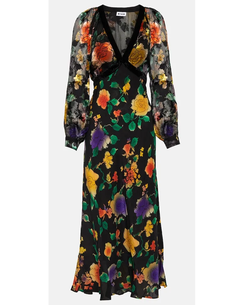 RIXO Abito midi in seta con stampa Multicolore