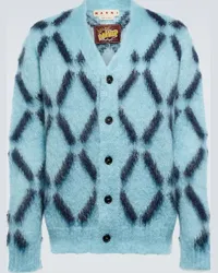 Marni Cardigan in misto mohair con intarsi Blu