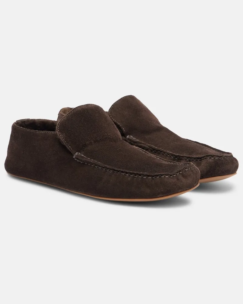 The Row Mocassini Leo in suede con shearling Marrone
