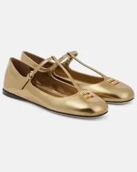 Miu Miu Ballerine in pelle metallizzata con logo Oro