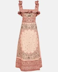 Zimmermann Abito midi Matchmaker in lino con stampa Rosa