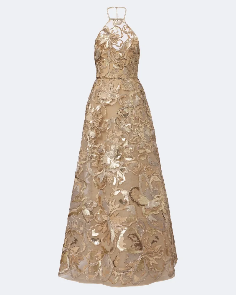 Elie Saab Abito lungo in tulle con paillettes Beige