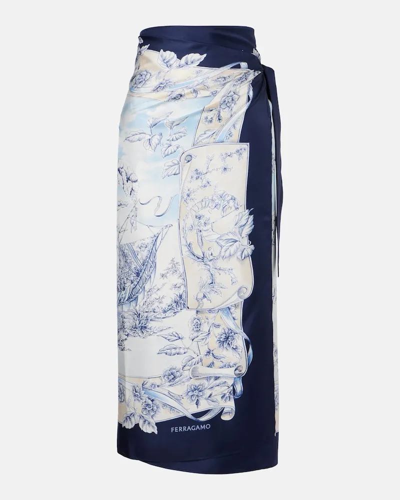 Ferragamo Gonna a portafoglio in seta con stampa Blu