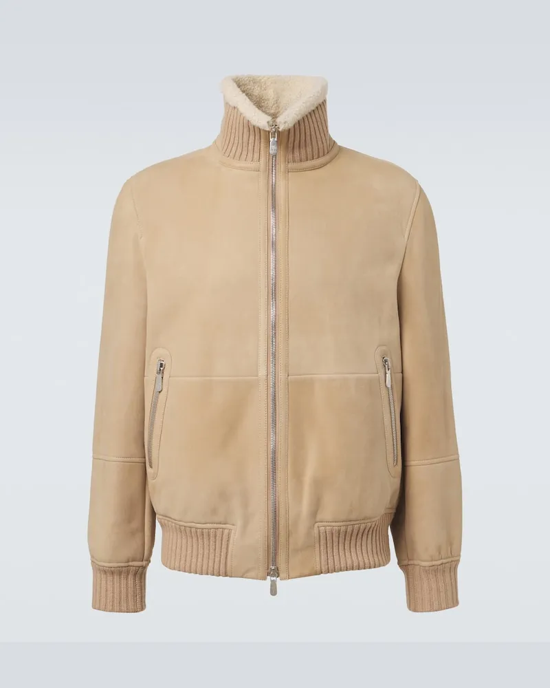 Brunello Cucinelli Bomber in suede con shearling Beige
