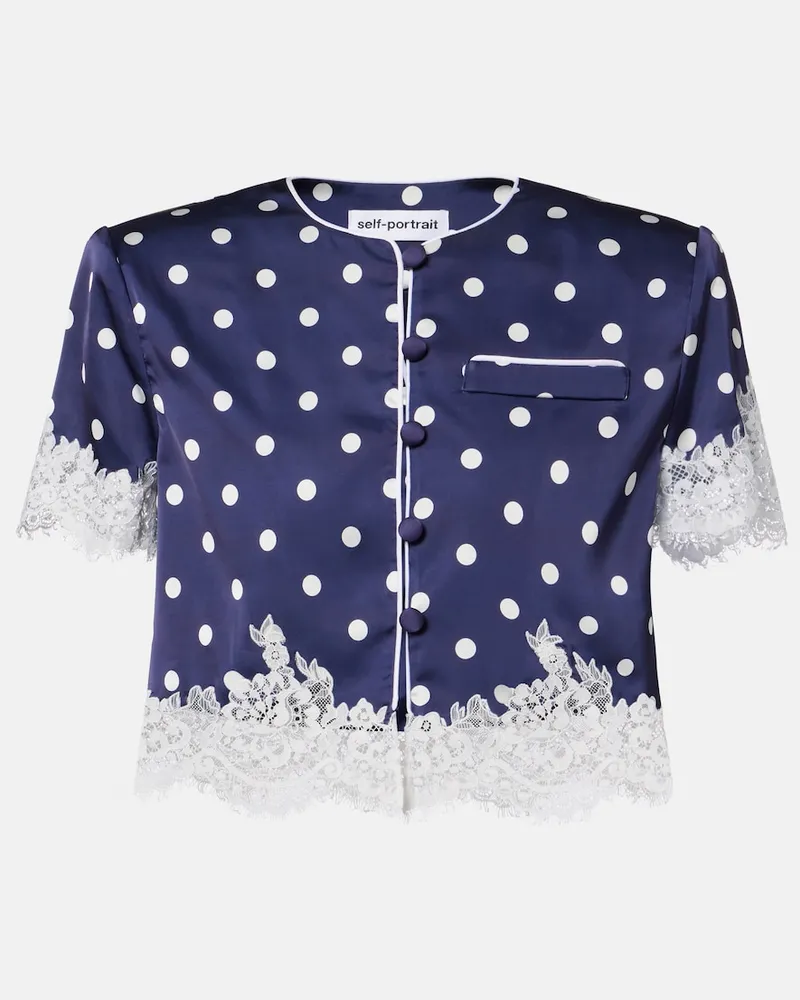 Self-Portrait Top cropped in raso a pois con pizzo Blu