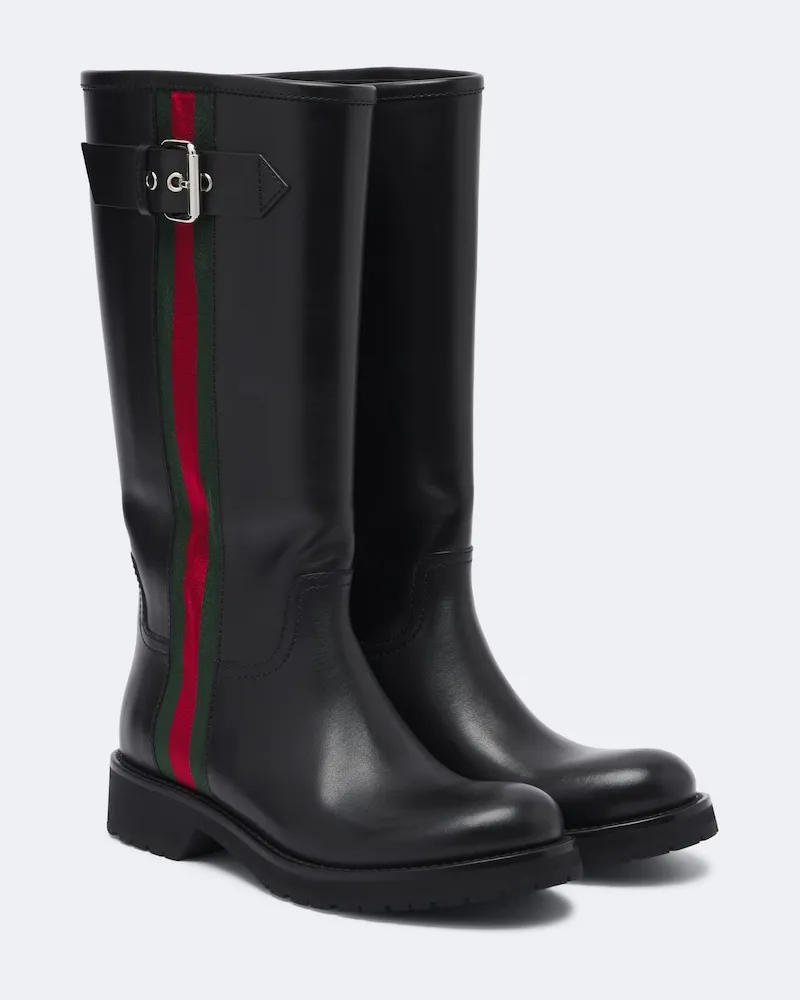 Gucci Stivali biker Web Stripe in pelle Nero
