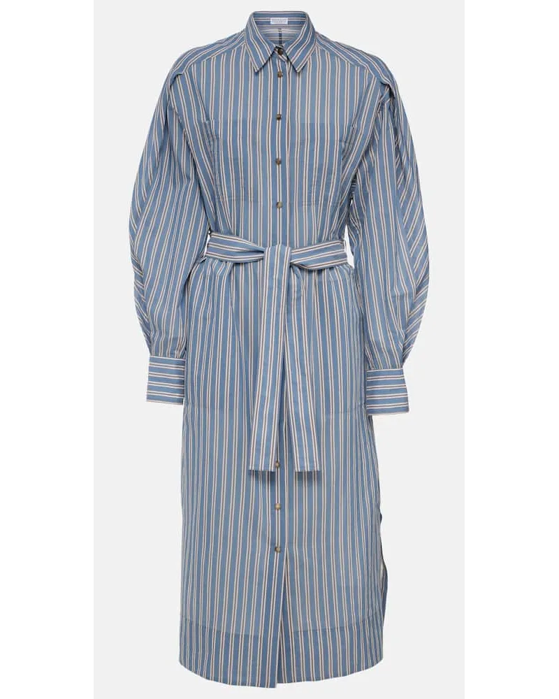 Brunello Cucinelli Abito chemisier in seta e cotone a righe Blu