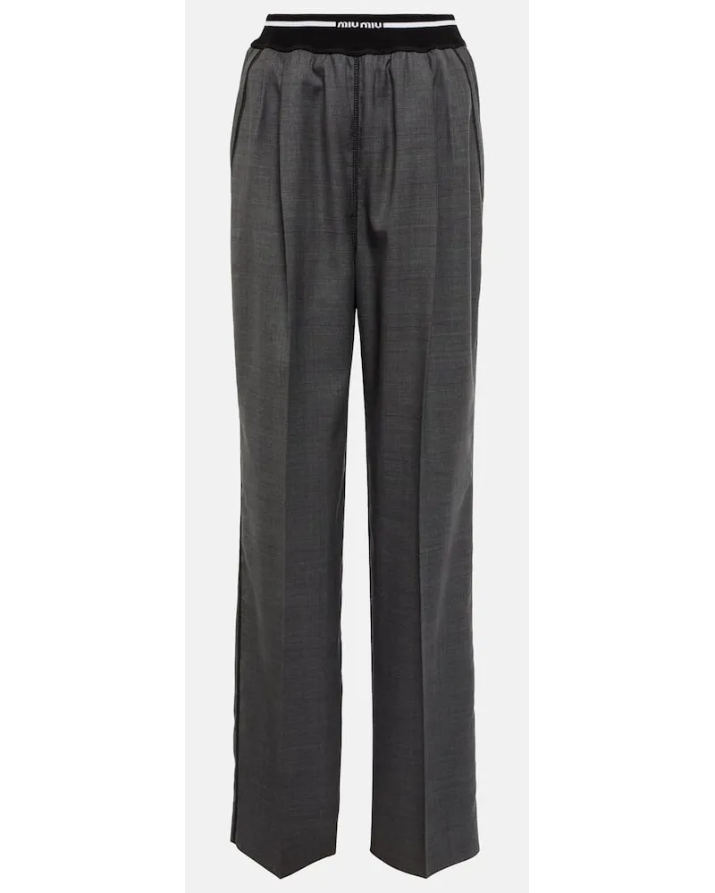 Miu Miu Pantaloni a gamba larga con logo Grigio