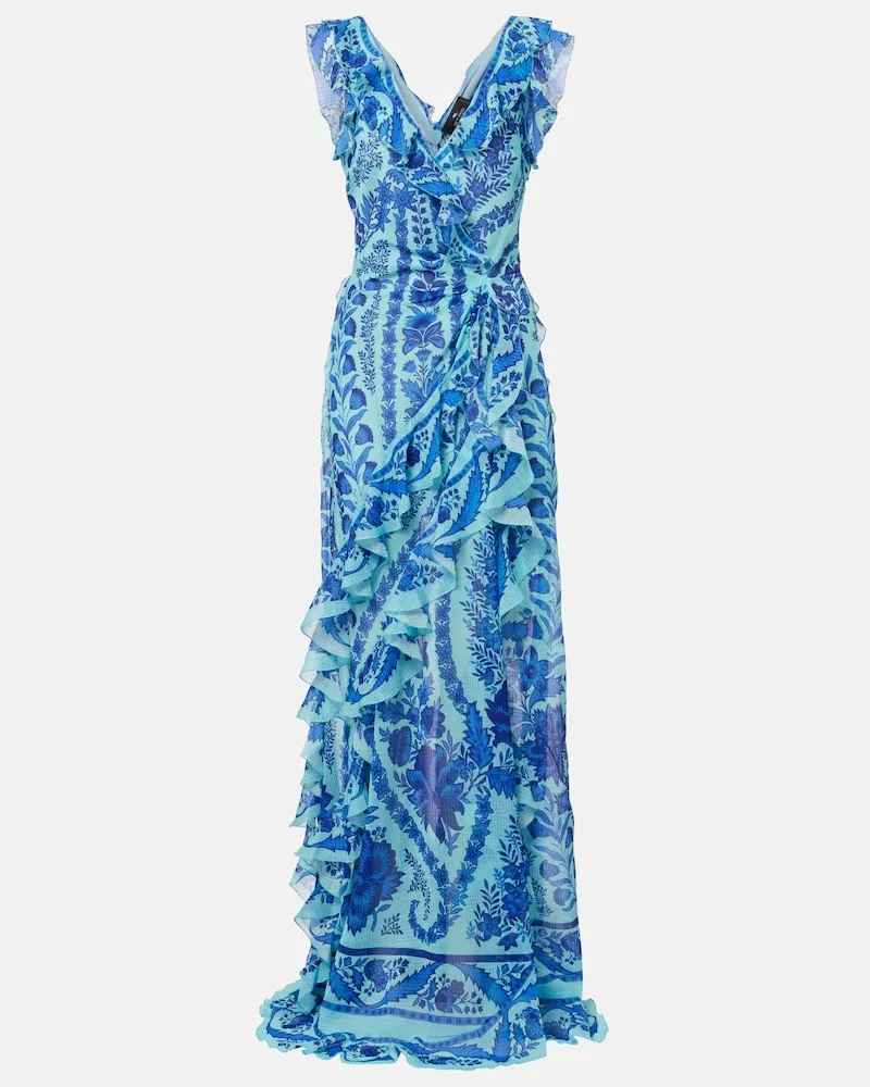 Etro Abito lungo floreale con volant Blu