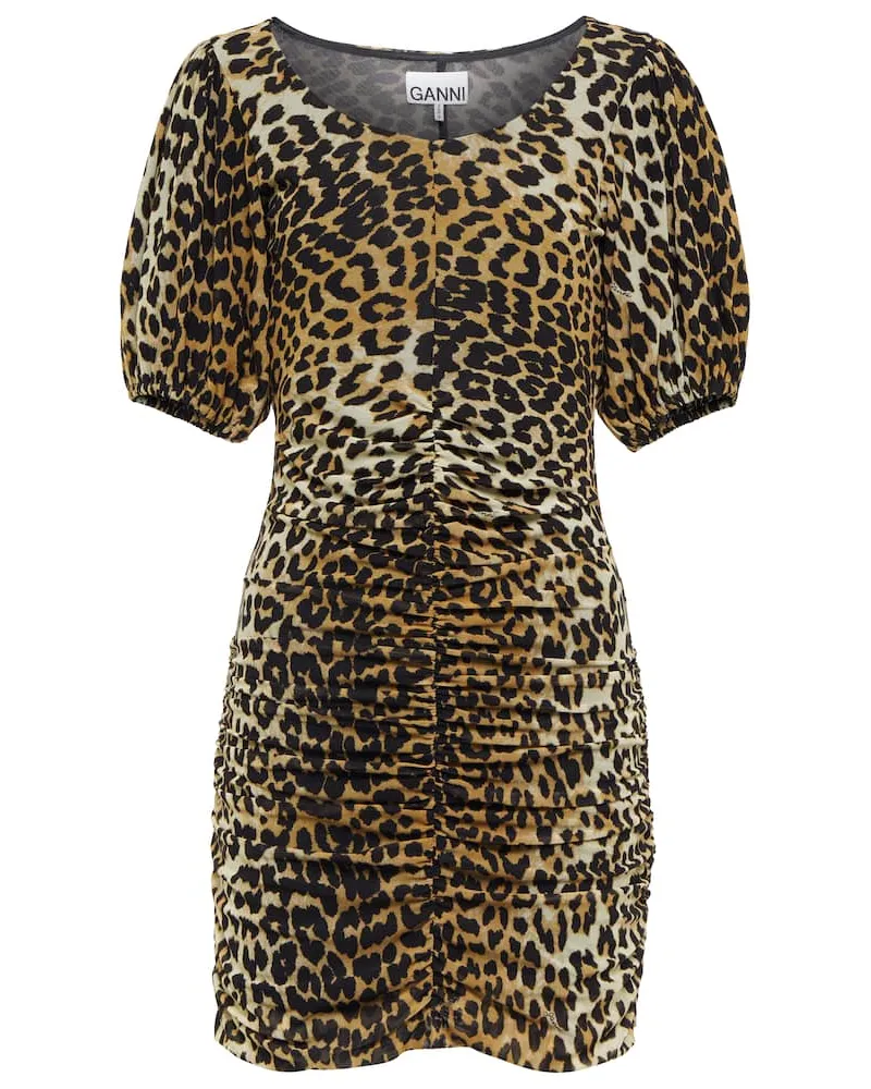 Ganni Miniabito con ruches e stampa leopardata Marrone