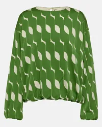 Dries van Noten Abito midi in misto seta con stampa Verde