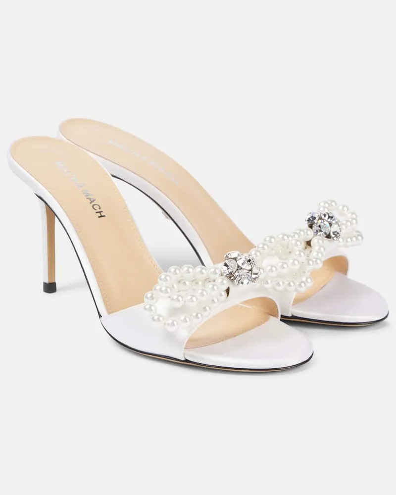Mach & Mach Mules Double Bow 85 in raso con perle bijoux Bianco