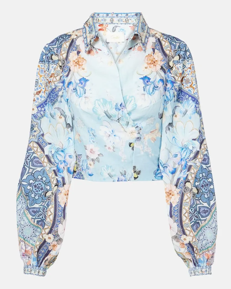 Camilla Top a portafoglio in lino con stampa Blu