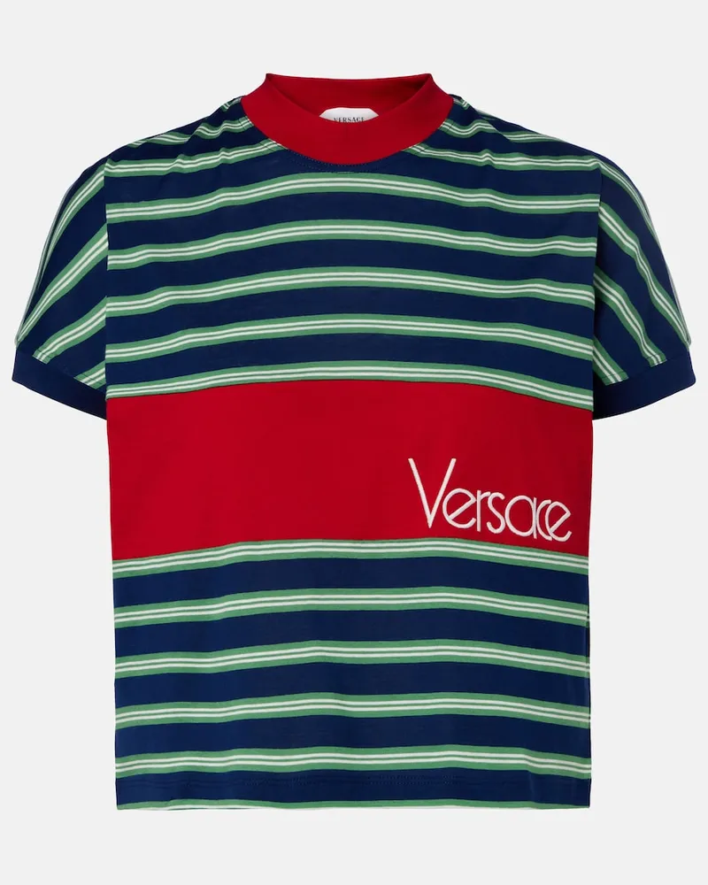 Versace T-shirt in cotone a righe con ricamo logo Multicolore