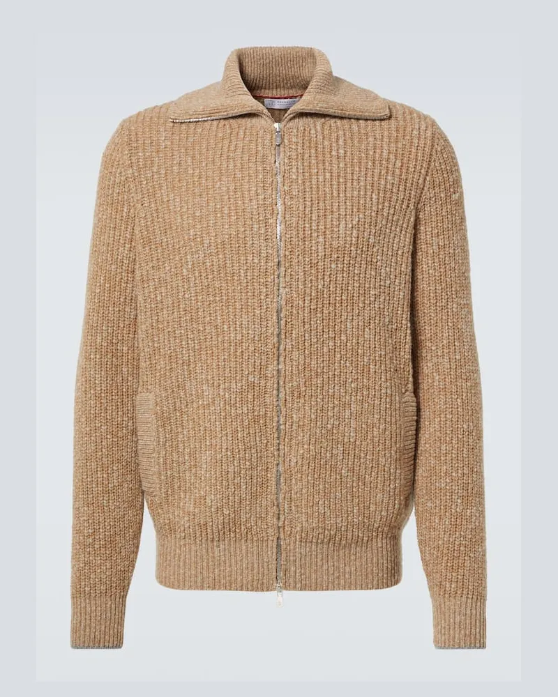 Brunello Cucinelli Cardigan in lana e cashmere con zip Marrone