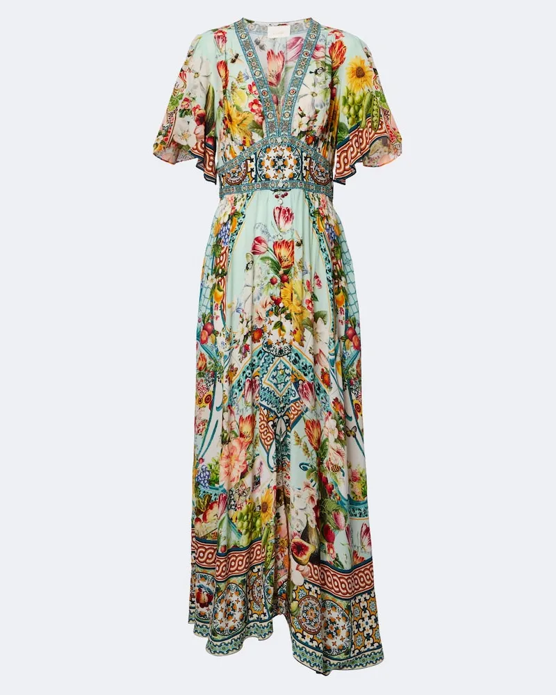 Camilla Abito lungo in seta con stampa floreale Multicolore