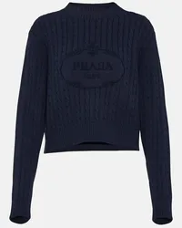 Prada Pullover in cotone a trecce con logo Blu