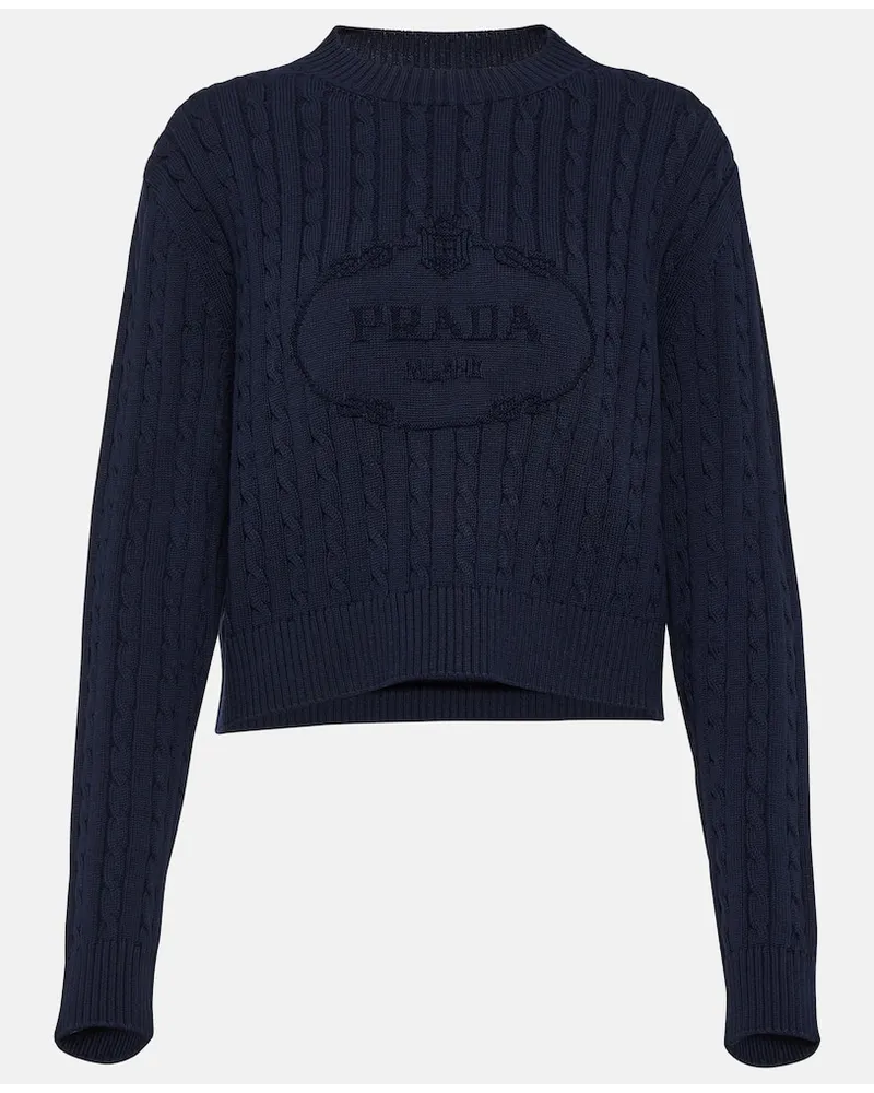 Prada Pullover in cotone a trecce con logo Blu