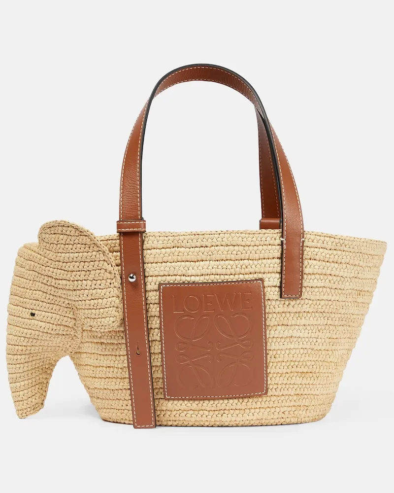 Loewe Shopper Elephant Small in rafia e pelle Beige
