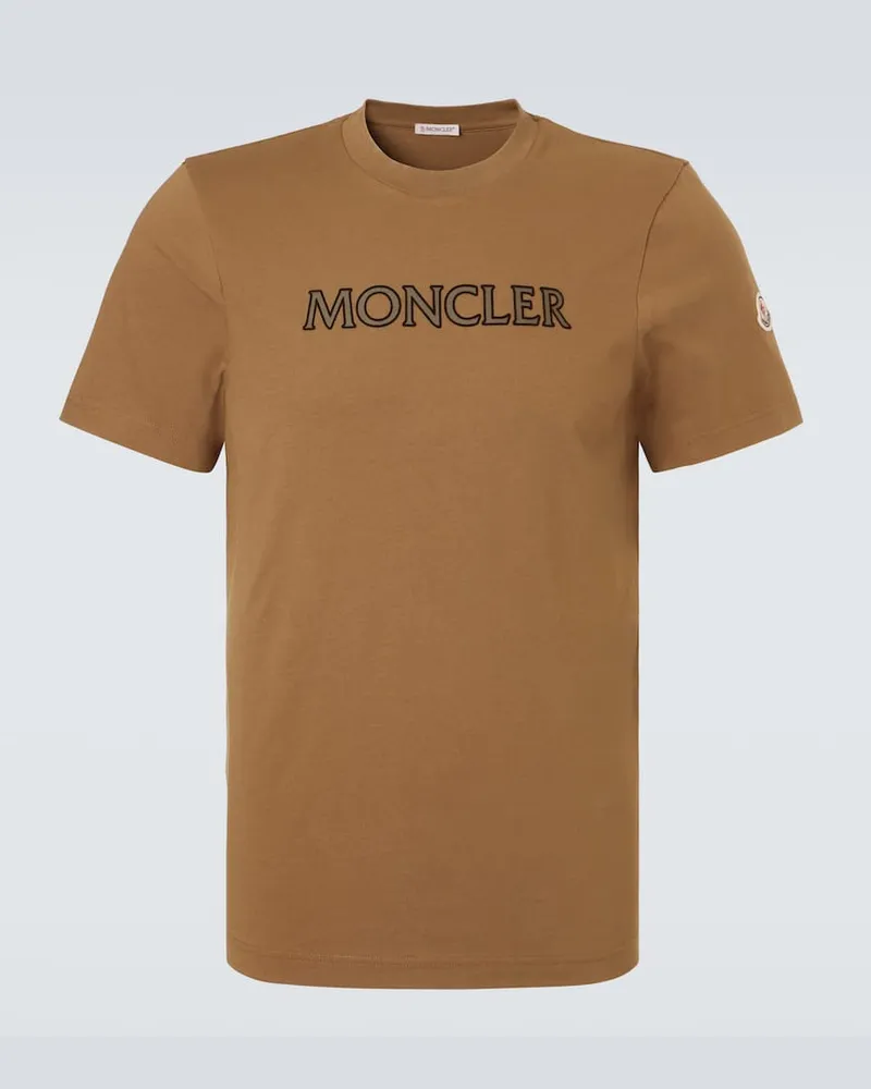 Moncler T-shirt in jersey di cotone con logo Marrone