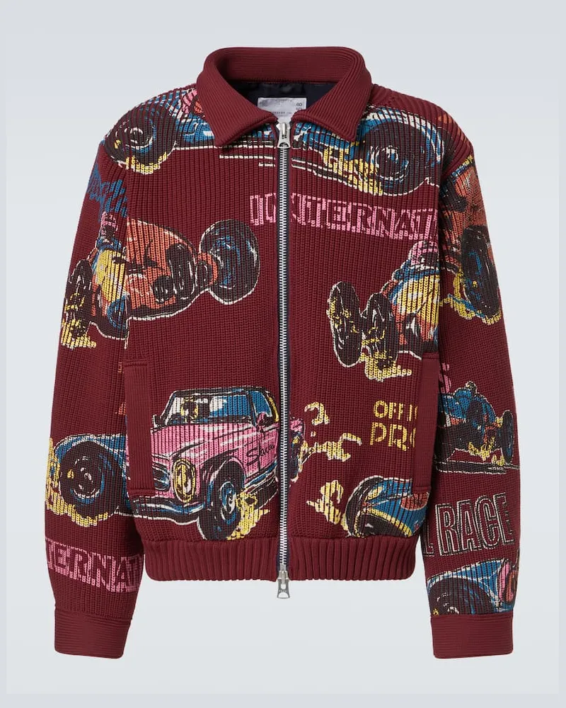 Sacai Cardigan Car Race in maglia a coste Borgogna