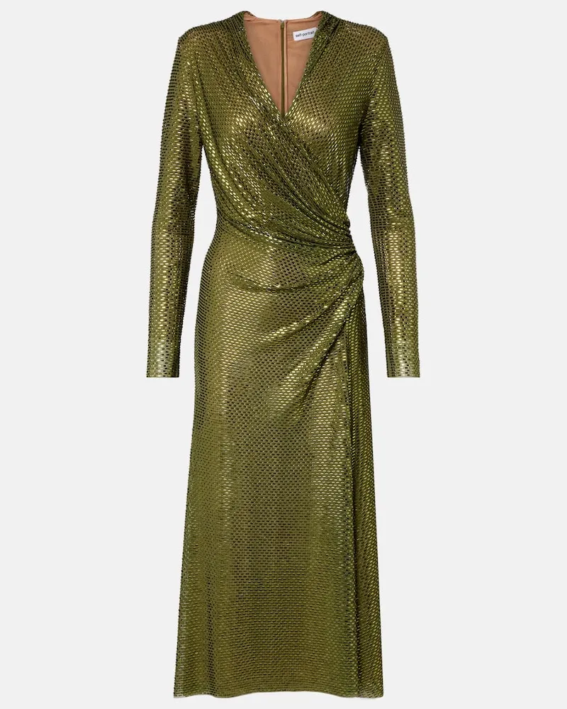 Self-Portrait Abito midi con strass Verde