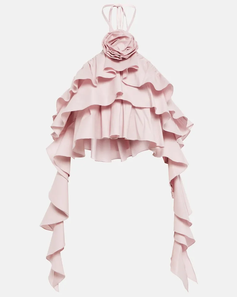 Blumarine Top cropped in misto cotone con volant Rosa