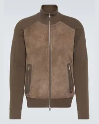 Moncler Pullover in cotone e suede con zip Blu