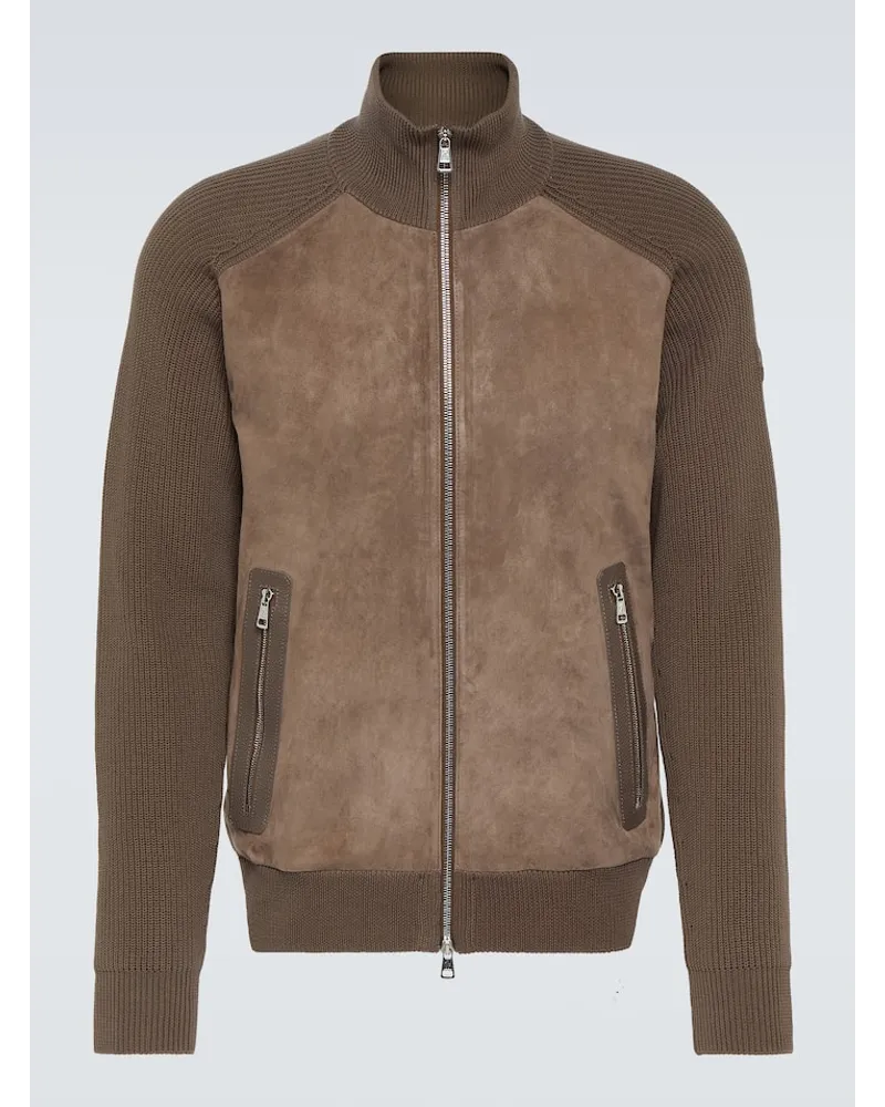 Moncler Pullover in cotone e suede con zip Blu