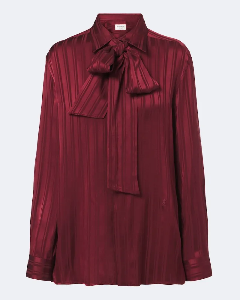 Saint Laurent Blusa in seta jacquard a righe con fiocco Borgogna