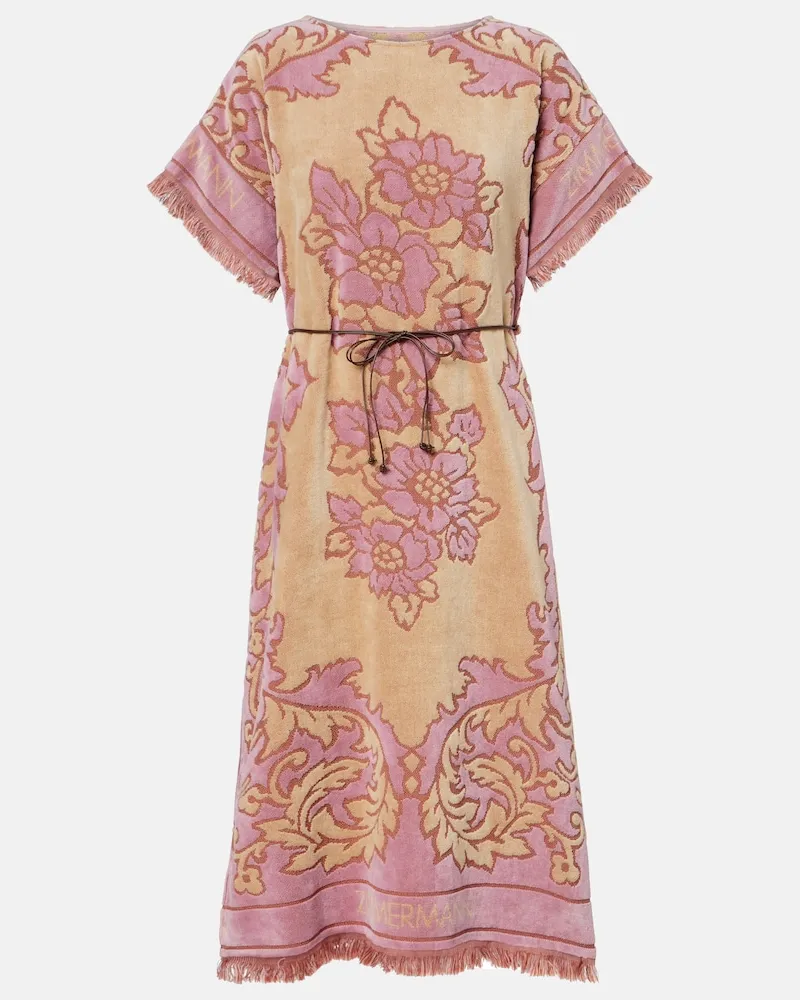 Zimmermann Abito midi Aster in cotone con frange Rosa