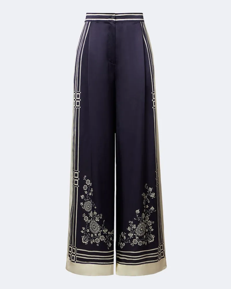 ALEMAIS Alémais Pantaloni Banderra in raso di seta con stampa Blu