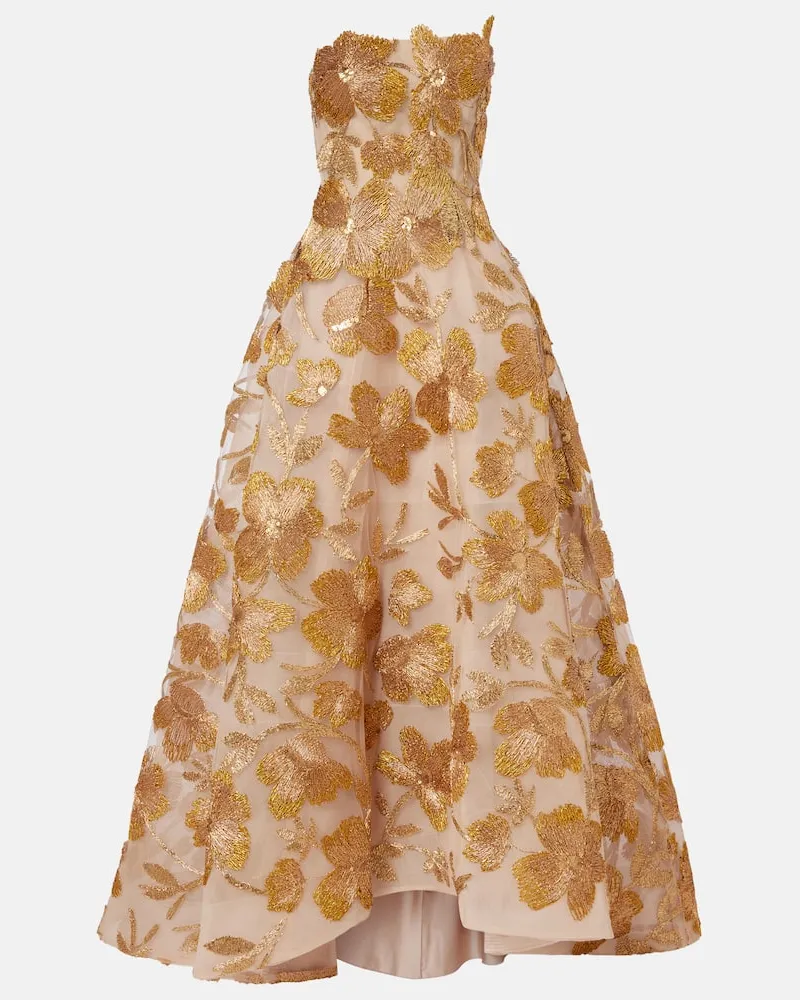 Monique Lhuillier Abito lungo in misto rafia con ricamo Oro