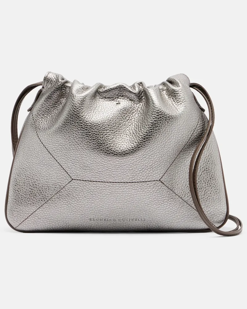 Brunello Cucinelli Borsa a tracolla Small in pelle metallizzata Argento